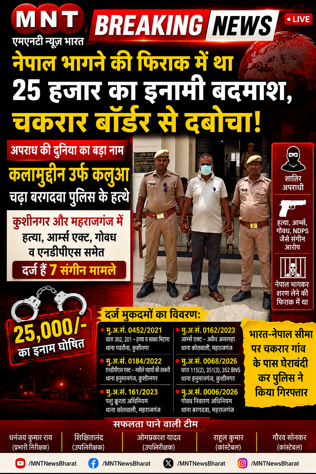 नेपाल भागने की फिराक में था 25 हजार का इनामी बदमाश, चकरार बॉर्डर से दबोचा