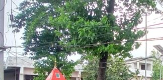 अमोढ़ा के कोटही माता मंदिर के सामने लटकते तार:भक्तों-दुकानदारों की जान को खतरा, समाधान की मांग