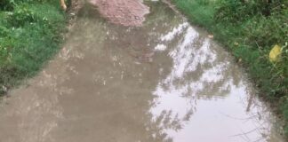 विशेश्वरगंज खड़ंजा मार्ग पहली बारिश में जलमग्न:गड्ढों से भरा, ग्रामीणों को आवागमन में परेशानी
